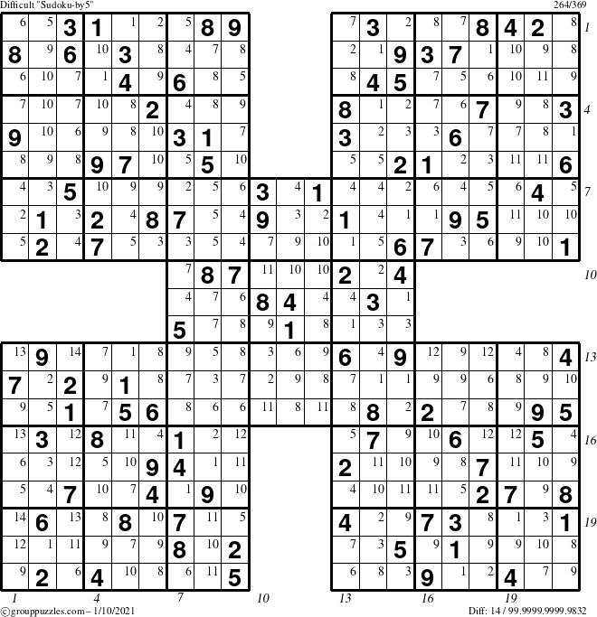 The grouppuzzles.com Difficult Sudoku-by5 puzzle for Sunday January 10, 2021 with all 14 steps marked