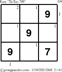 The grouppuzzles.com Easy TicTac-789 puzzle for Sunday January 10, 2021 with all 2 steps marked