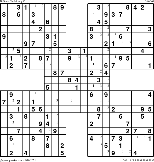 The grouppuzzles.com Difficult Sudoku-by5 puzzle for Sunday January 10, 2021 with the first 3 steps marked