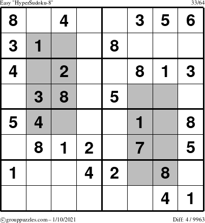 The grouppuzzles.com Easy HyperSudoku-8 puzzle for Sunday January 10, 2021