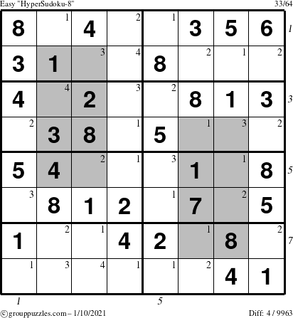 The grouppuzzles.com Easy HyperSudoku-8 puzzle for Sunday January 10, 2021 with all 4 steps marked