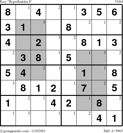 The grouppuzzles.com Easy HyperSudoku-8 puzzle for Sunday January 10, 2021 with the first 3 steps marked