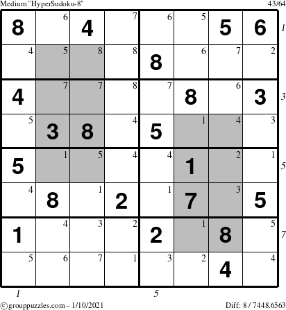 The grouppuzzles.com Medium HyperSudoku-8 puzzle for Sunday January 10, 2021 with all 8 steps marked