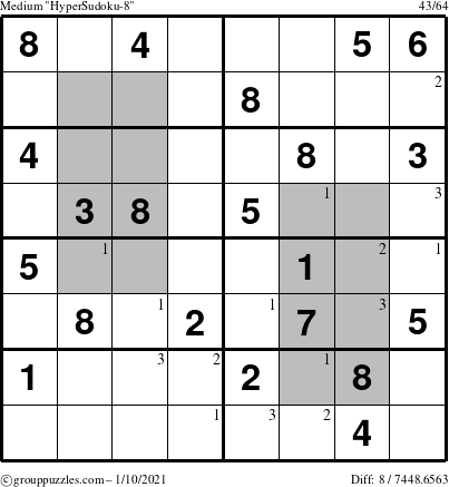 The grouppuzzles.com Medium HyperSudoku-8 puzzle for Sunday January 10, 2021 with the first 3 steps marked