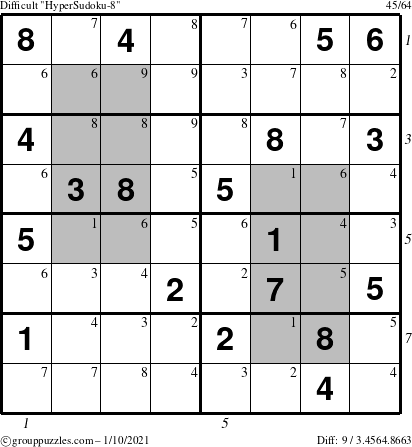 The grouppuzzles.com Difficult HyperSudoku-8 puzzle for Sunday January 10, 2021, suitable for printing, with all 9 steps marked