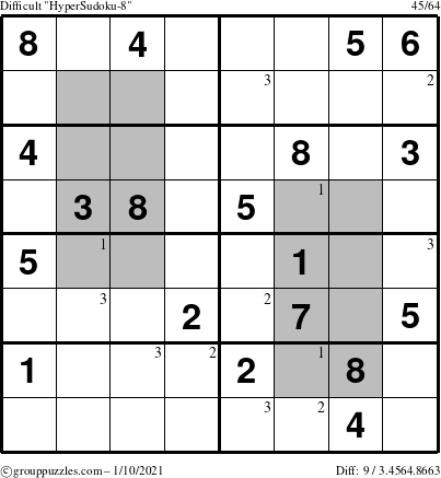 The grouppuzzles.com Difficult HyperSudoku-8 puzzle for Sunday January 10, 2021 with the first 3 steps marked