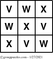 The grouppuzzles.com Answer grid for the TicTac-VWX puzzle for Wednesday January 27, 2021