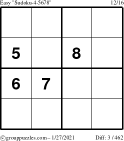 The grouppuzzles.com Easy Sudoku-4-5678 puzzle for Wednesday January 27, 2021