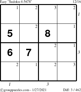 The grouppuzzles.com Easy Sudoku-4-5678 puzzle for Wednesday January 27, 2021 with all 3 steps marked