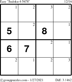 The grouppuzzles.com Easy Sudoku-4-5678 puzzle for Wednesday January 27, 2021 with the first 3 steps marked