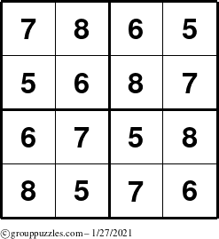 The grouppuzzles.com Answer grid for the Sudoku-4-5678 puzzle for Wednesday January 27, 2021