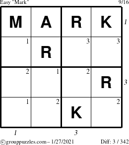 The grouppuzzles.com Easy Mark puzzle for Wednesday January 27, 2021 with all 3 steps marked