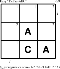 The grouppuzzles.com Easy TicTac-ABC puzzle for Wednesday January 27, 2021 with all 2 steps marked