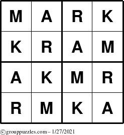 The grouppuzzles.com Answer grid for the Mark puzzle for Wednesday January 27, 2021