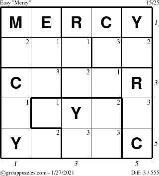 The grouppuzzles.com Easy Mercy puzzle for Wednesday January 27, 2021 with all 3 steps marked