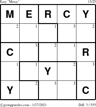 The grouppuzzles.com Easy Mercy puzzle for Wednesday January 27, 2021 with the first 3 steps marked