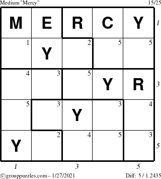 The grouppuzzles.com Medium Mercy puzzle for Wednesday January 27, 2021 with all 5 steps marked