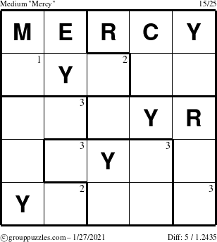 The grouppuzzles.com Medium Mercy puzzle for Wednesday January 27, 2021 with the first 3 steps marked