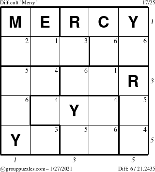 The grouppuzzles.com Difficult Mercy puzzle for Wednesday January 27, 2021 with all 6 steps marked