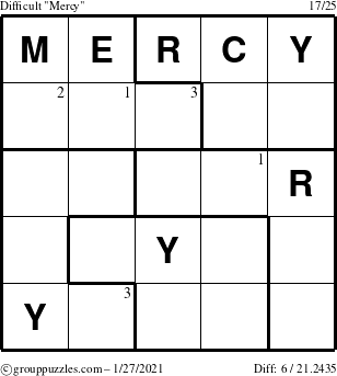 The grouppuzzles.com Difficult Mercy puzzle for Wednesday January 27, 2021 with the first 3 steps marked