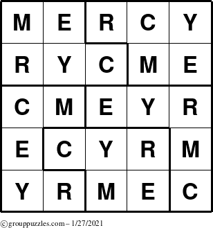 The grouppuzzles.com Answer grid for the Mercy puzzle for Wednesday January 27, 2021