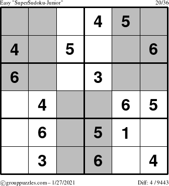 The grouppuzzles.com Easy SuperSudoku-Junior puzzle for Wednesday January 27, 2021