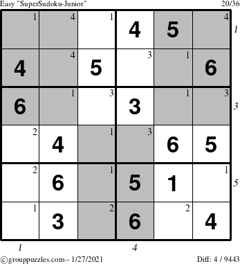 The grouppuzzles.com Easy SuperSudoku-Junior puzzle for Wednesday January 27, 2021 with all 4 steps marked