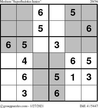 The grouppuzzles.com Medium SuperSudoku-Junior puzzle for Wednesday January 27, 2021