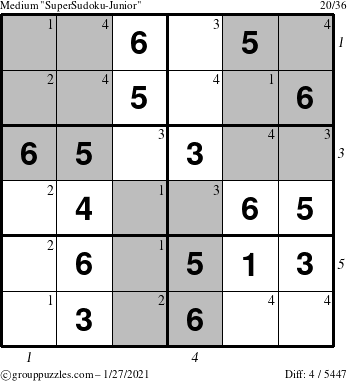 The grouppuzzles.com Medium SuperSudoku-Junior puzzle for Wednesday January 27, 2021, suitable for printing, with all 4 steps marked