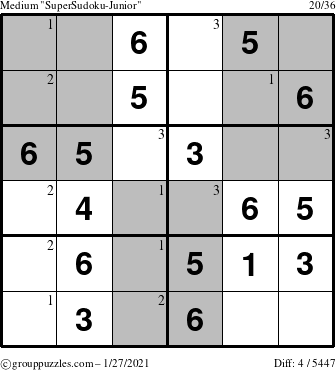 The grouppuzzles.com Medium SuperSudoku-Junior puzzle for Wednesday January 27, 2021 with the first 3 steps marked