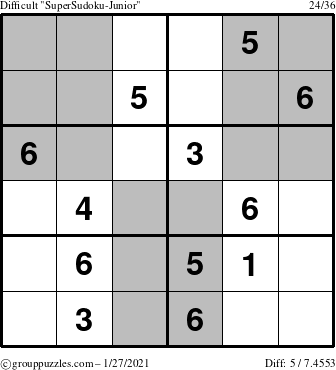 The grouppuzzles.com Difficult SuperSudoku-Junior puzzle for Wednesday January 27, 2021