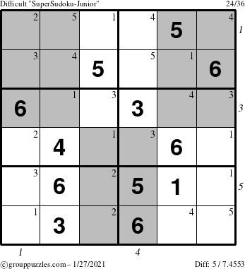 The grouppuzzles.com Difficult SuperSudoku-Junior puzzle for Wednesday January 27, 2021 with all 5 steps marked