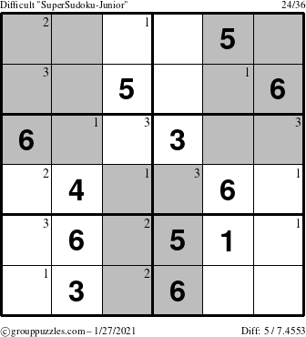 The grouppuzzles.com Difficult SuperSudoku-Junior puzzle for Wednesday January 27, 2021 with the first 3 steps marked