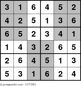 The grouppuzzles.com Answer grid for the SuperSudoku-Junior puzzle for Wednesday January 27, 2021