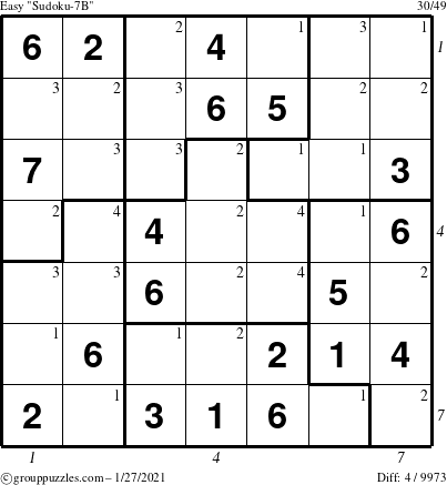 The grouppuzzles.com Easy Sudoku-7B puzzle for Wednesday January 27, 2021 with all 4 steps marked