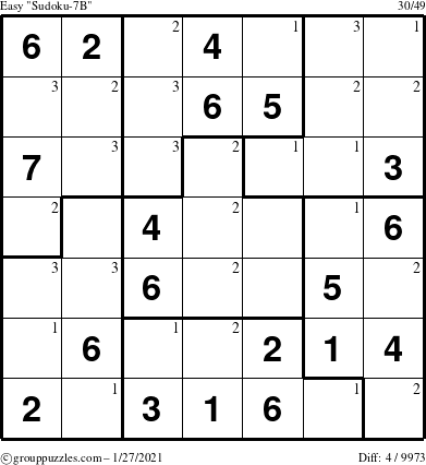 The grouppuzzles.com Easy Sudoku-7B puzzle for Wednesday January 27, 2021 with the first 3 steps marked