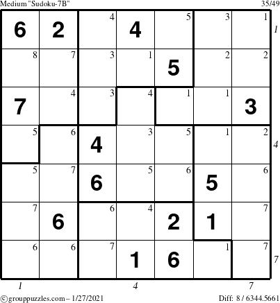 The grouppuzzles.com Medium Sudoku-7B puzzle for Wednesday January 27, 2021, suitable for printing, with all 8 steps marked