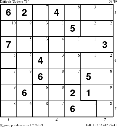 The grouppuzzles.com Difficult Sudoku-7B puzzle for Wednesday January 27, 2021, suitable for printing, with all 10 steps marked