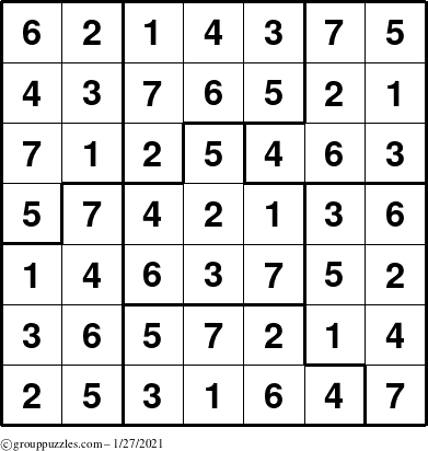 The grouppuzzles.com Answer grid for the Sudoku-7B puzzle for Wednesday January 27, 2021