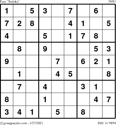 The grouppuzzles.com Easy Sudoku puzzle for Wednesday January 27, 2021