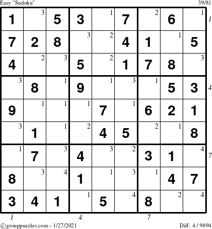 The grouppuzzles.com Easy Sudoku puzzle for Wednesday January 27, 2021, suitable for printing, with all 4 steps marked