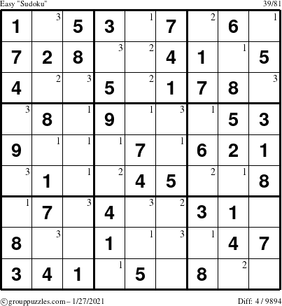 The grouppuzzles.com Easy Sudoku puzzle for Wednesday January 27, 2021 with the first 3 steps marked