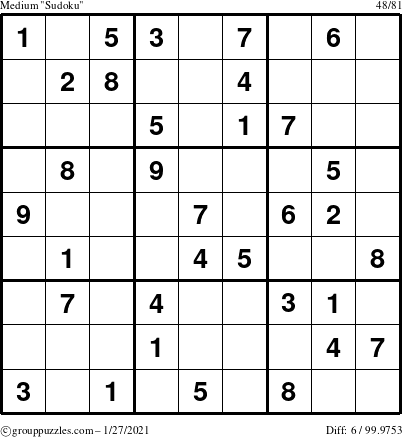 The grouppuzzles.com Medium Sudoku puzzle for Wednesday January 27, 2021