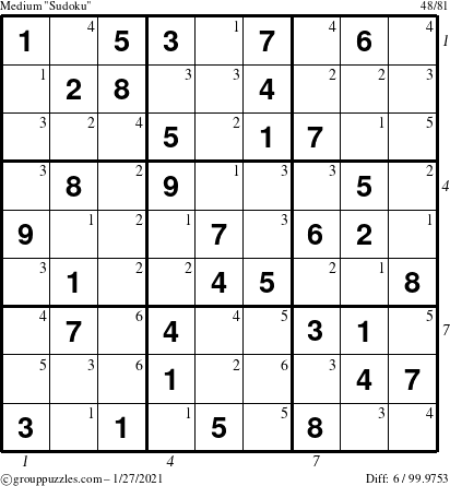 The grouppuzzles.com Medium Sudoku puzzle for Wednesday January 27, 2021 with all 6 steps marked