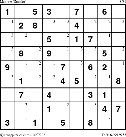 The grouppuzzles.com Medium Sudoku puzzle for Wednesday January 27, 2021 with the first 3 steps marked