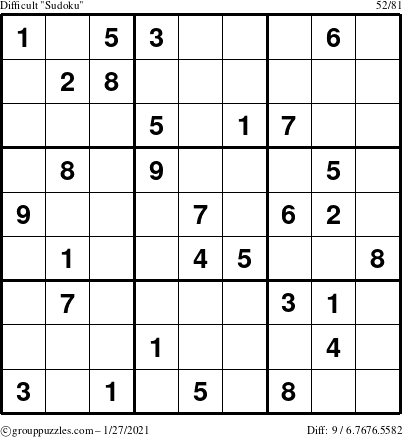 The grouppuzzles.com Difficult Sudoku puzzle for Wednesday January 27, 2021