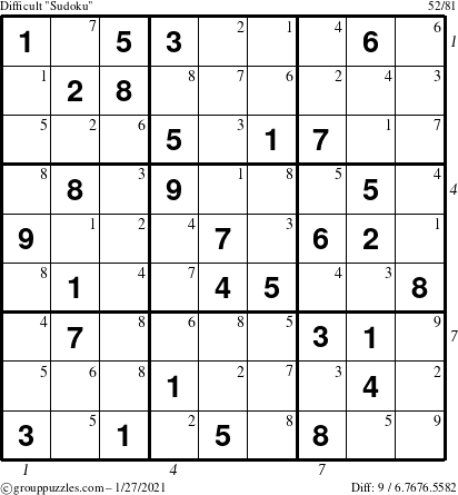 The grouppuzzles.com Difficult Sudoku puzzle for Wednesday January 27, 2021 with all 9 steps marked