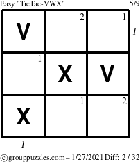 The grouppuzzles.com Easy TicTac-VWX puzzle for Wednesday January 27, 2021 with all 2 steps marked