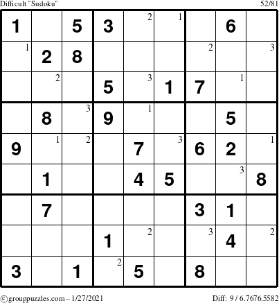 The grouppuzzles.com Difficult Sudoku puzzle for Wednesday January 27, 2021 with the first 3 steps marked