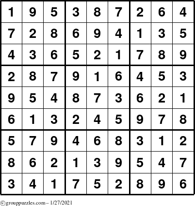 The grouppuzzles.com Answer grid for the Sudoku puzzle for Wednesday January 27, 2021